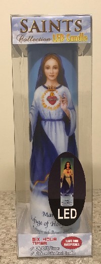 Flameless LED Candle: Mary Refuge of Holy Love With English/Spanish Prayer