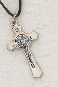 Pendant: 2" St Benedict Crucifix Silver Clover Style