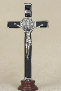 St. Benedict 8" Enamel Standing Crucifix (Black/Silvertone Medal)