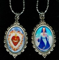 Pendant: Silvertone Double-Sided Mary Refuge of Holy Love and United Hearts