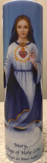 Flameless LED Candle: Mary Refuge of Holy Love With English/Spanish Prayer