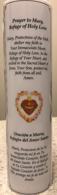 Flameless LED Candle: Mary Refuge of Holy Love With English/Spanish Prayer