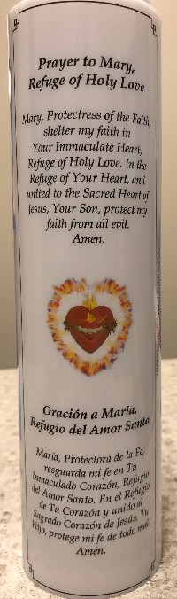 Flameless LED Candle: Mary Refuge of Holy Love With English/Spanish Prayer