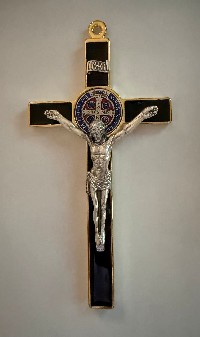 Saint Benedict Wall Crucifix 8 Inch, Black Enamel /Gold trim and color medal