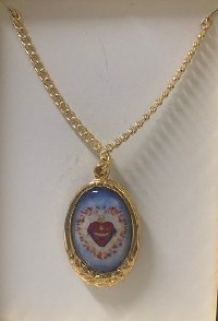 Pendant: Oval Two Sided Mary Refuge/United Hearts with Gold Tone Trim on chain